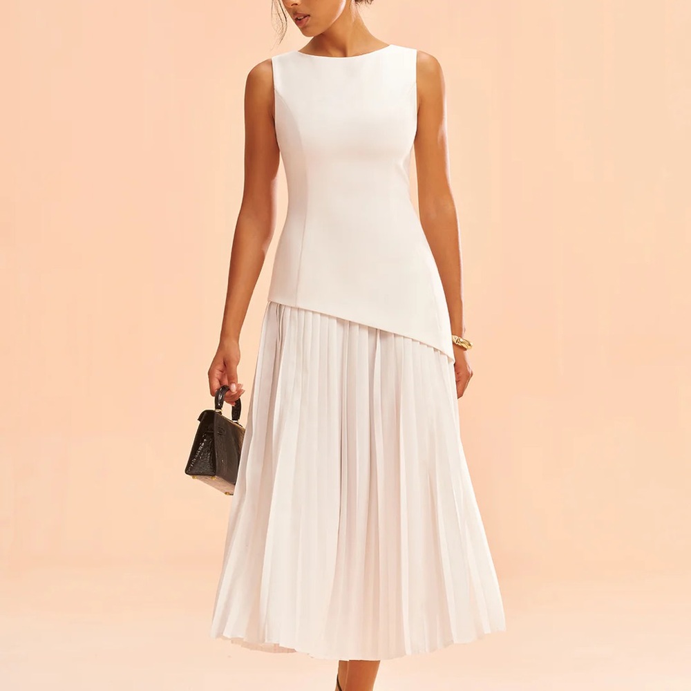 Elegant White Sleeveless Asymmetric Pleated Midi Dress